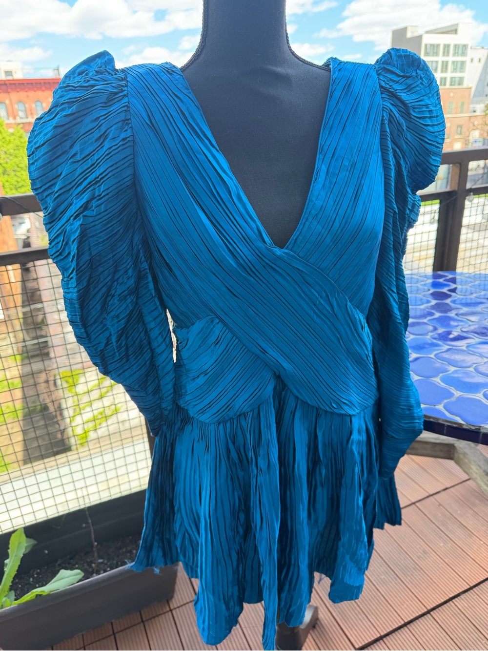 Retrofete Teal Blue Pleated V-Neck Puff Sleeve Mini Dress